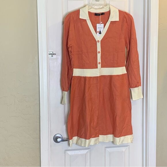 ZESICA Women's Spring Long Sleeve V Neck Sweater Dress Collar Ribbed Size Large - Picture 6 of 13